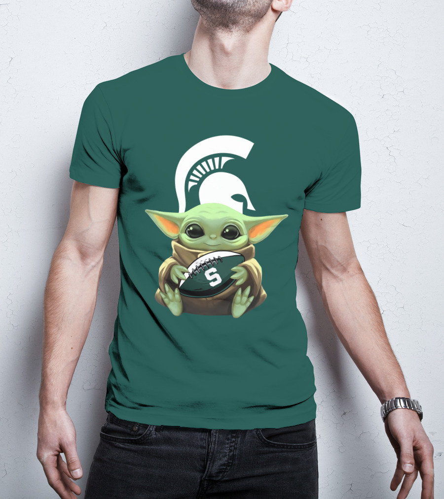 Baby Yoda Holding Football With Michigan State Spartans Helmet T-Shirt