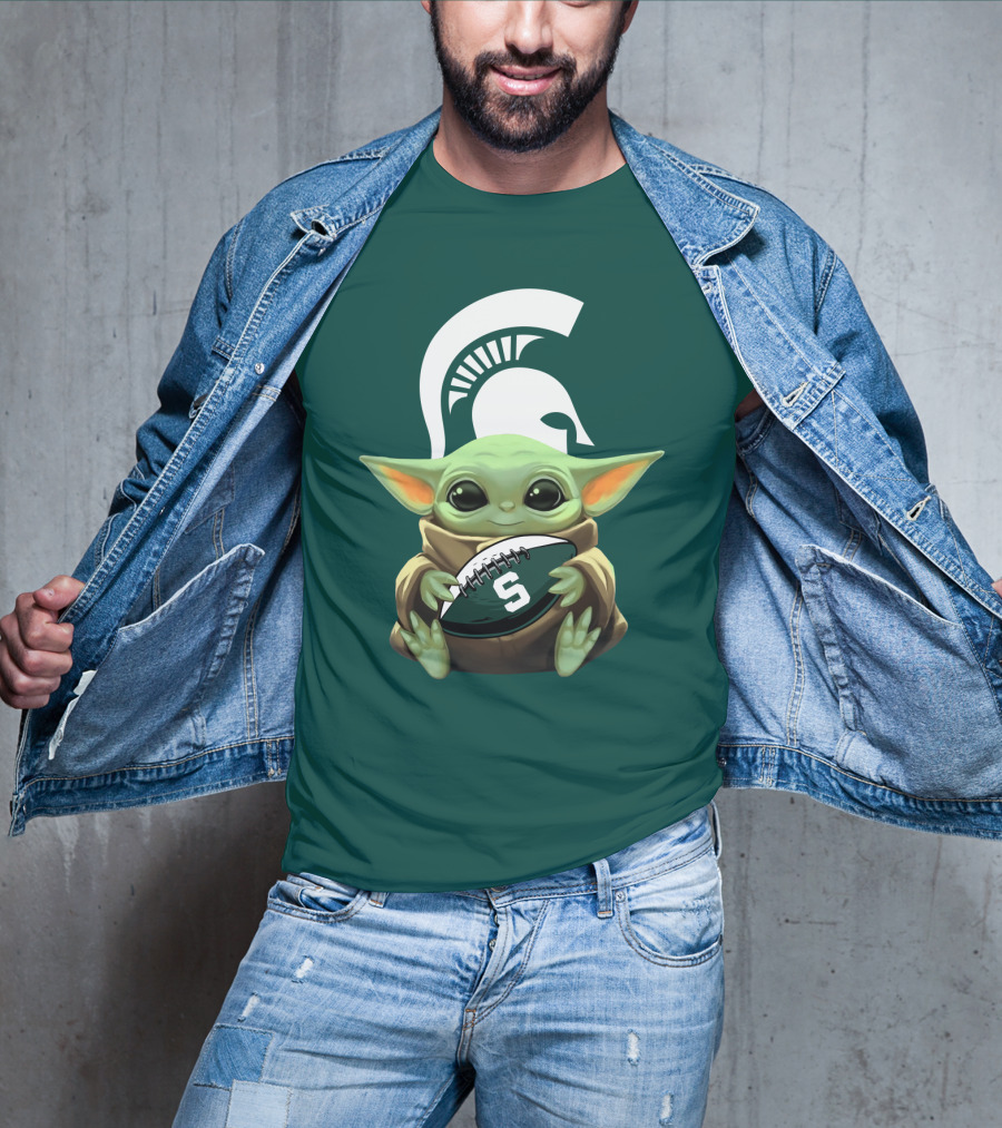 Baby Yoda Holding Football With Michigan State Spartans Helmet T-Shirt
