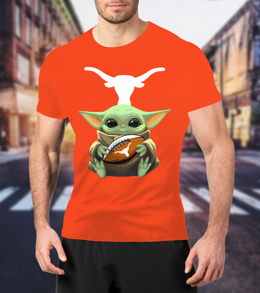 Baby Yoda Longhorns Football Logo Orange Background T-Shirt