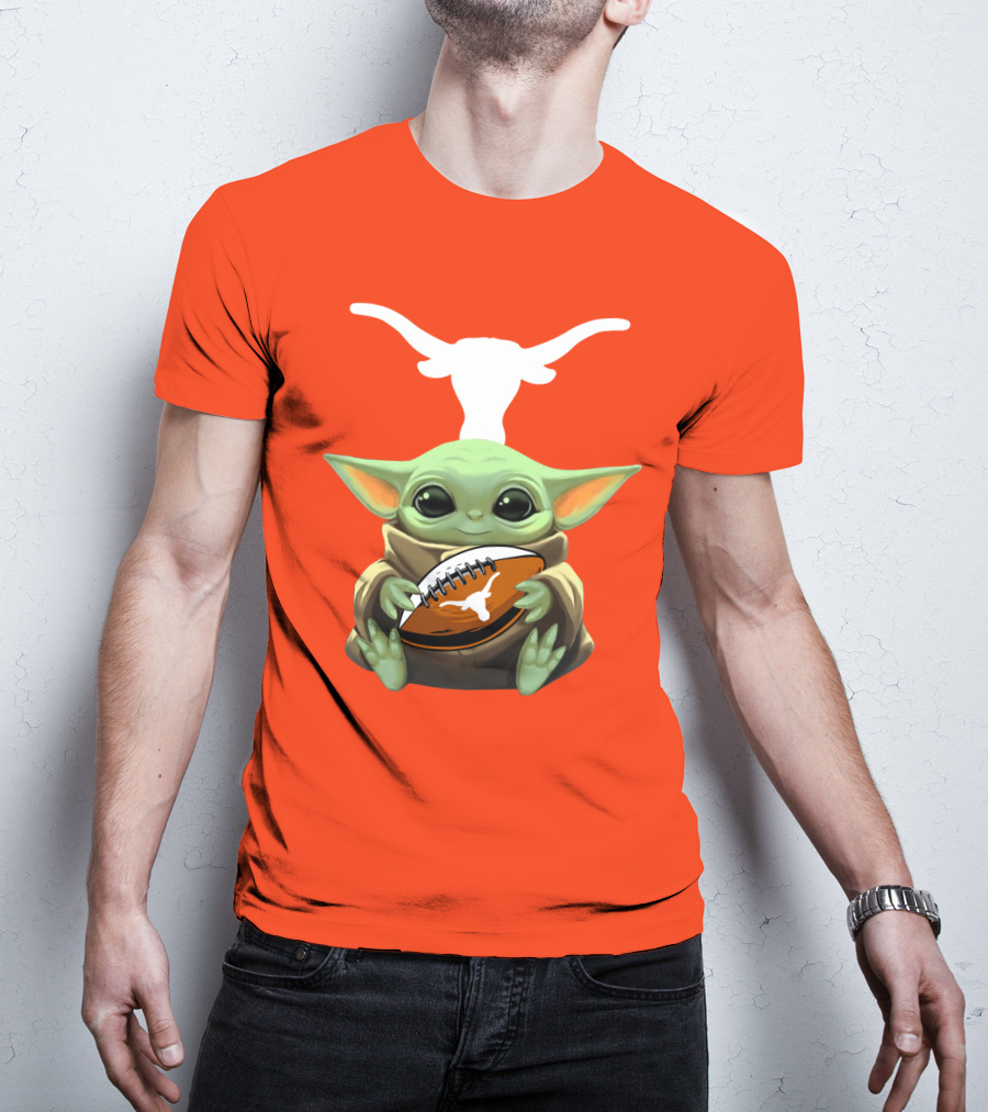 Baby Yoda Longhorns Football Logo Orange Background T-Shirt