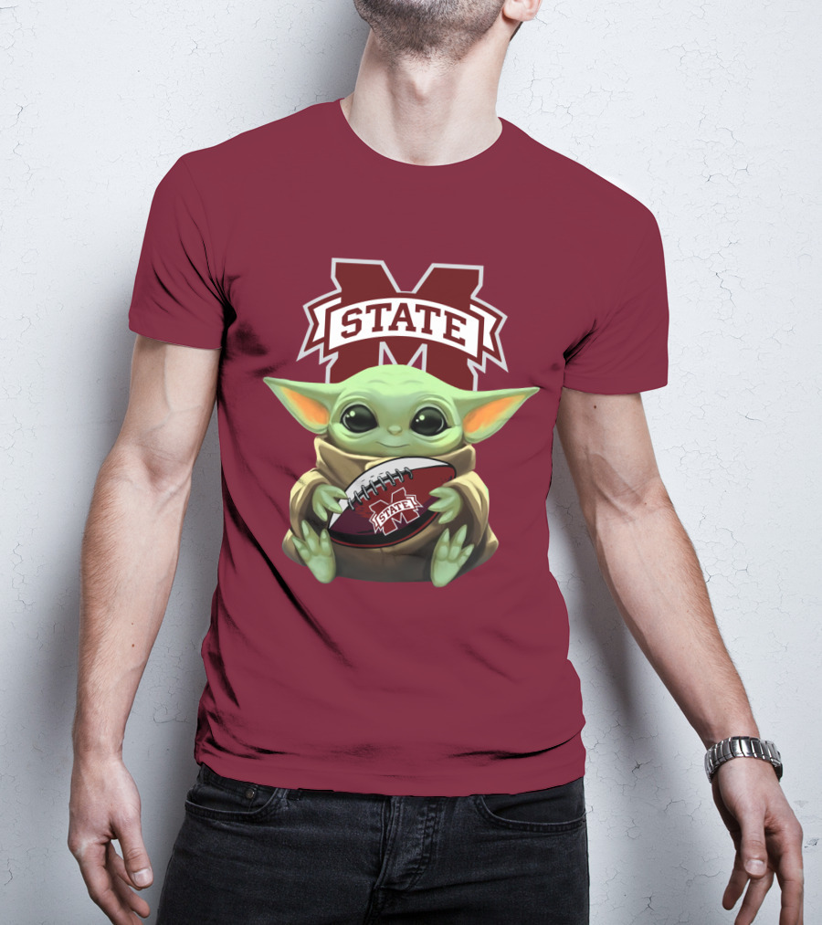 Baby Yoda Holding Mississippi State Bulldogs Football T-Shirt