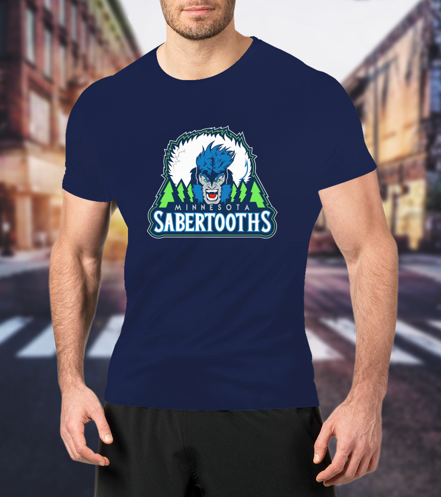 Minnesota Sabertooths NBA Logo With Blue Sabertooth And Green Pine Trees T-Shirt