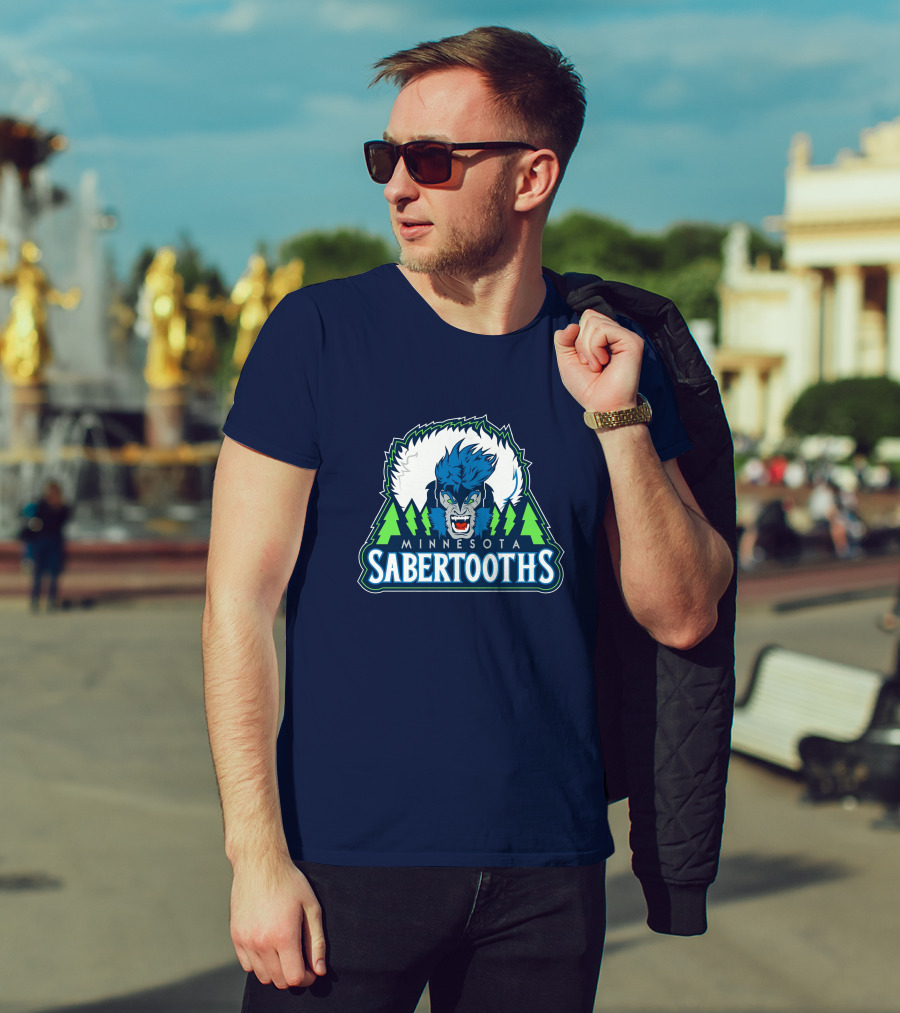 Minnesota Sabertooths NBA Logo With Blue Sabertooth And Green Pine Trees T-Shirt