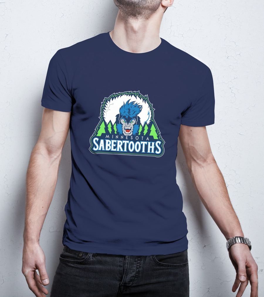 Minnesota Sabertooths NBA Logo With Blue Sabertooth And Green Pine Trees T-Shirt