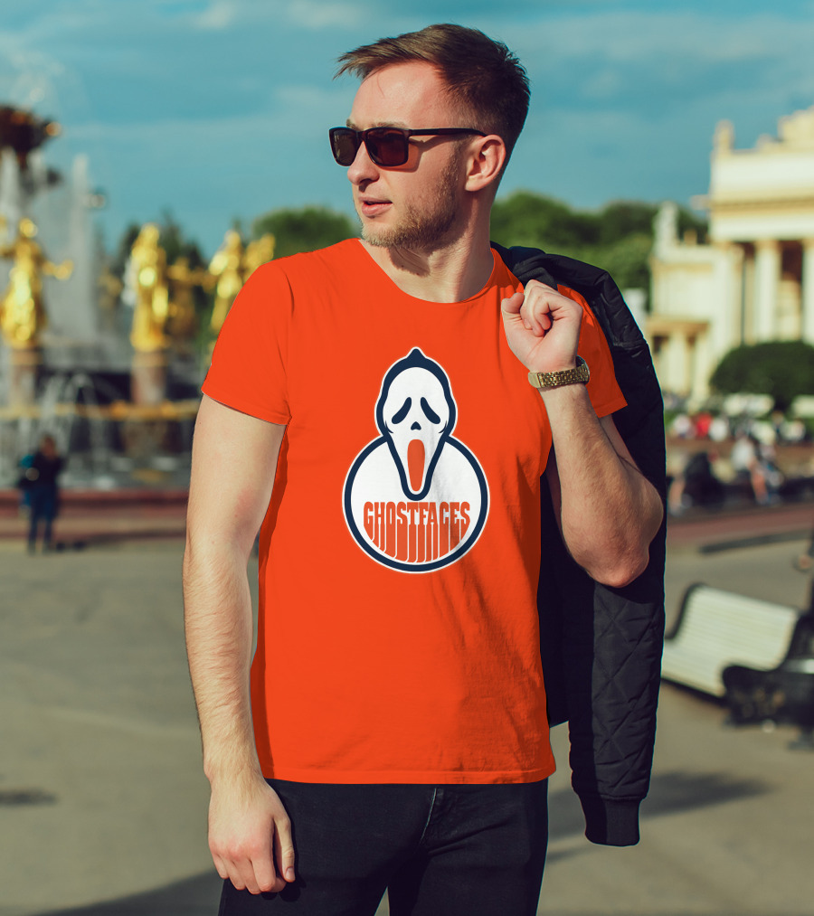 Edmonton Ghostfaces NHL Scream Parody Logo Orange Background T-Shirt