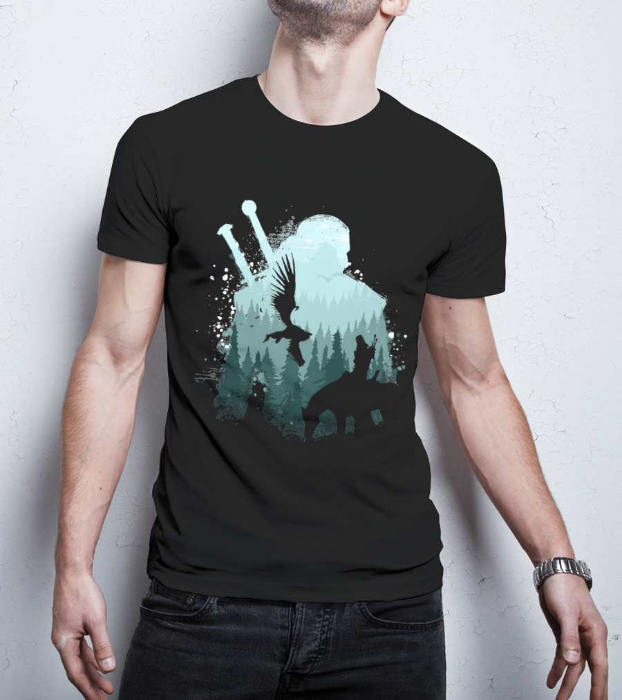 Wild Huntsman Silhouette With Swords Forest And Animals T-Shirt