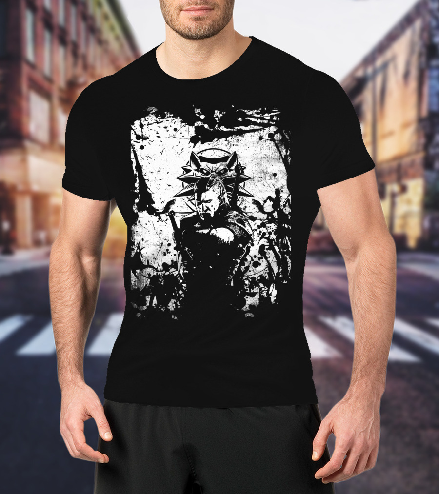 The Witcher 3 Wild Hunt Geralt Wolf School Emblem Splatter T-Shirt