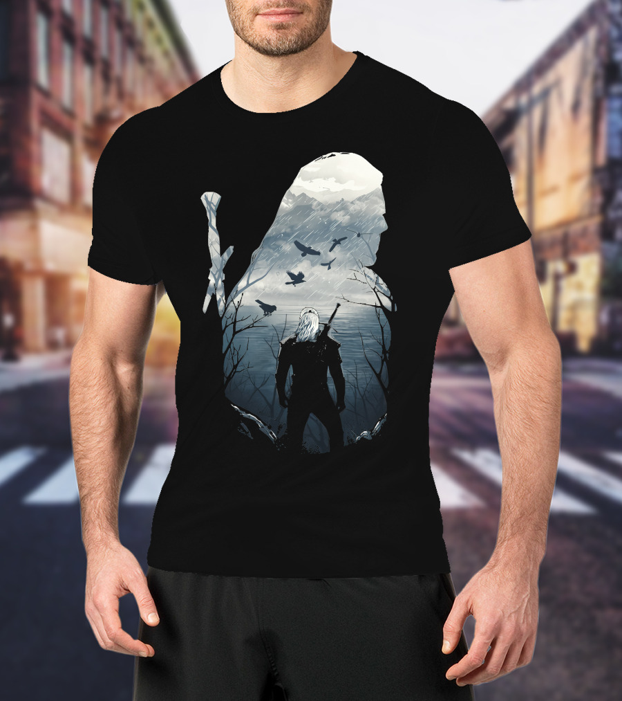 Wild Hunt Forest Geralt Silhouette With Mountains Ravens Sword T-Shirt
