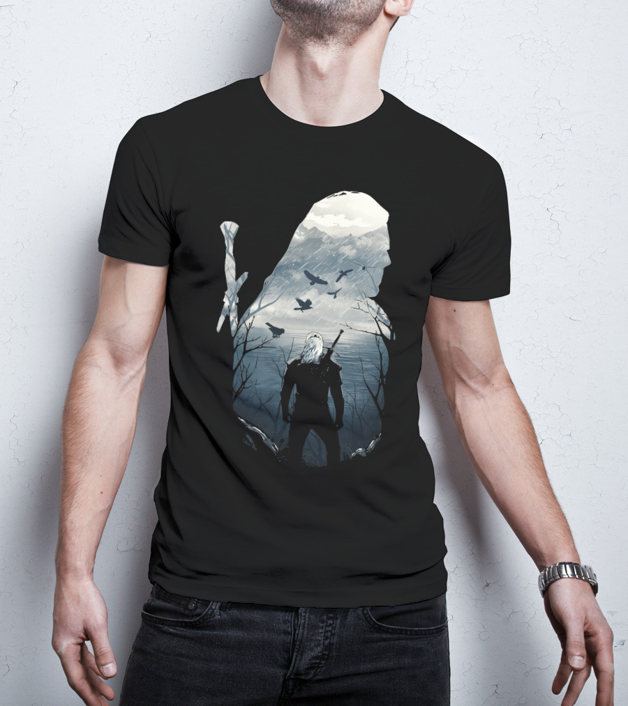 Wild Hunt Forest Geralt Silhouette With Mountains Ravens Sword T-Shirt