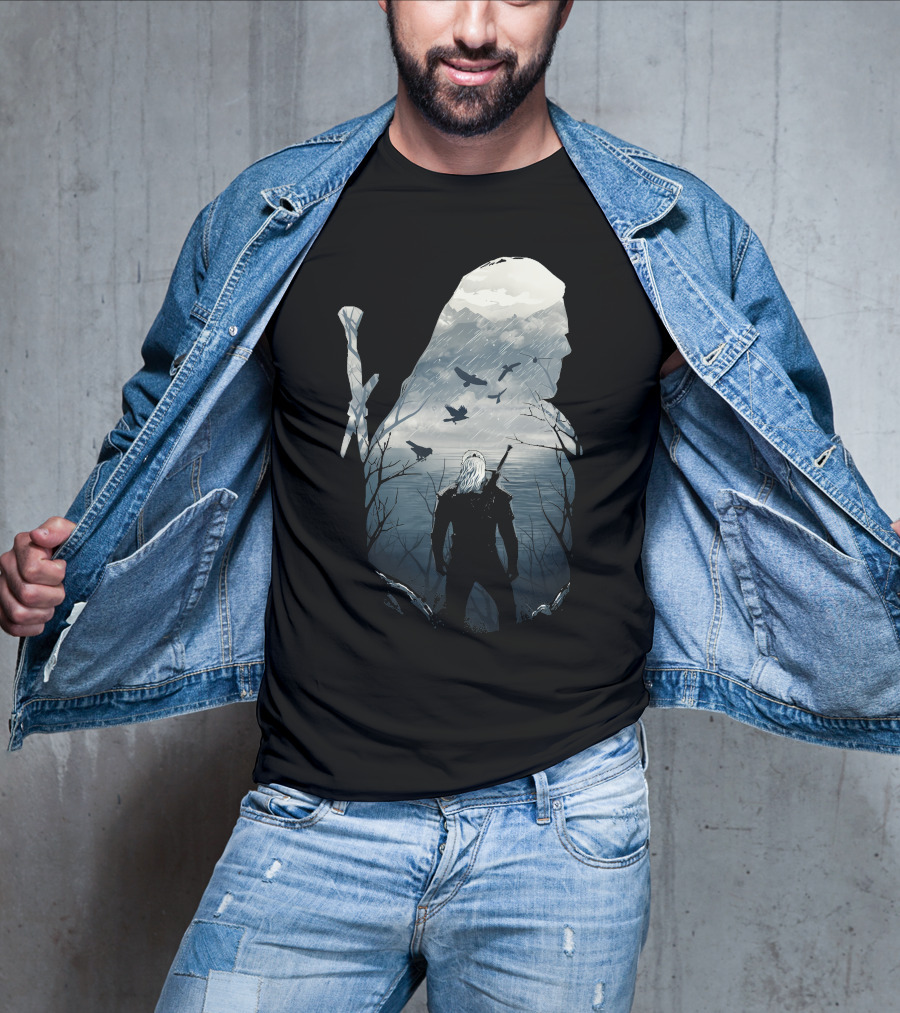 Wild Hunt Forest Geralt Silhouette With Mountains Ravens Sword T-Shirt