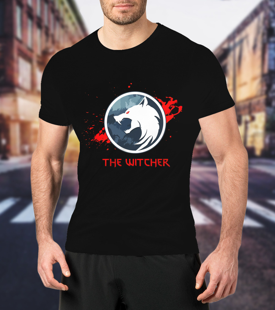 The Witcher Wolf Emblem Blood Splatter T-Shirt