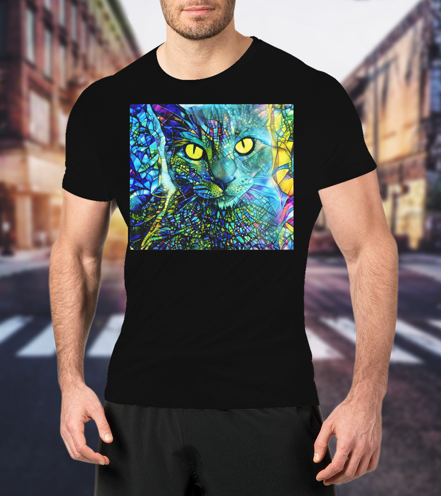 Cochfdhfdhfdh Stained Glass Mosaic Cat With Vibrant Yellow Eyes T-Shirt