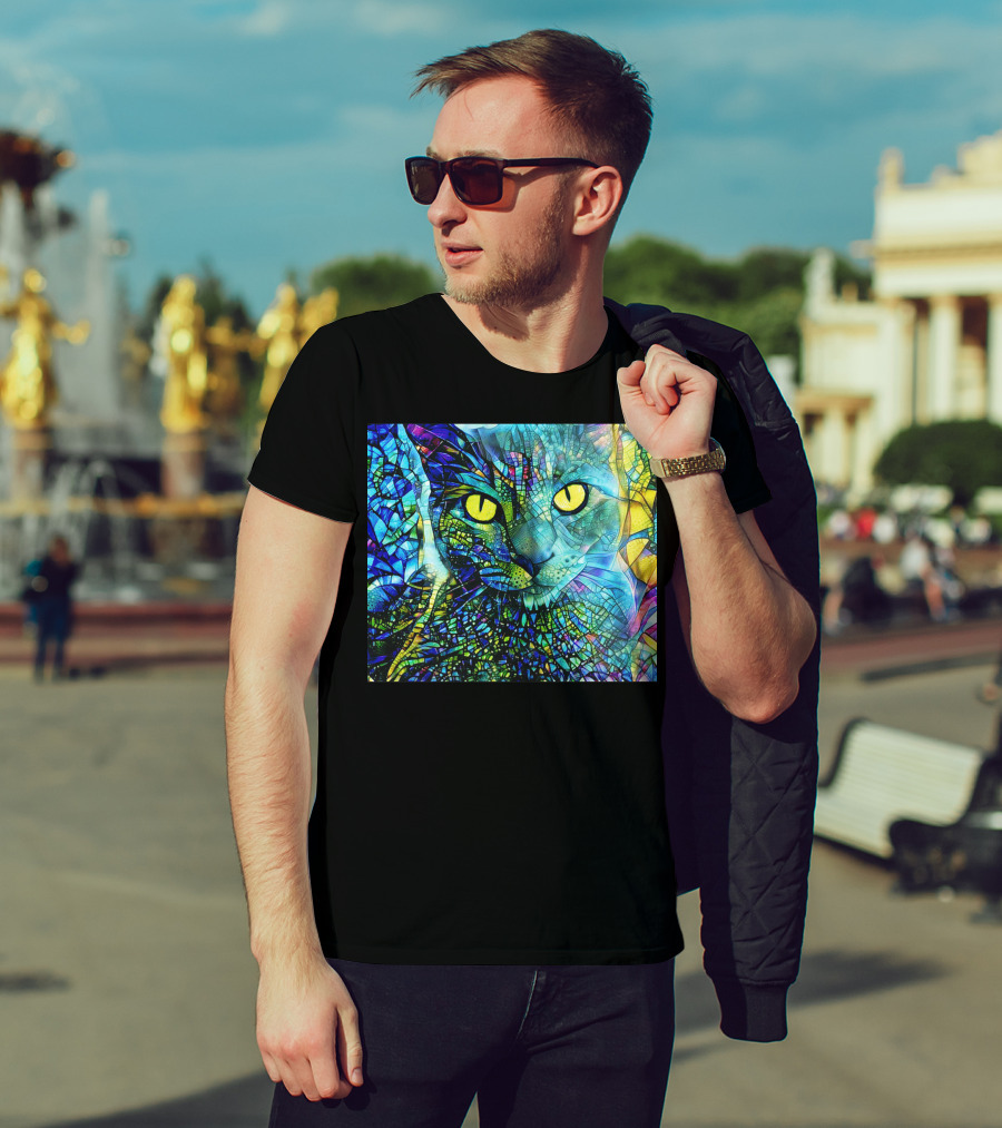 Cochfdhfdhfdh Stained Glass Mosaic Cat With Vibrant Yellow Eyes T-Shirt