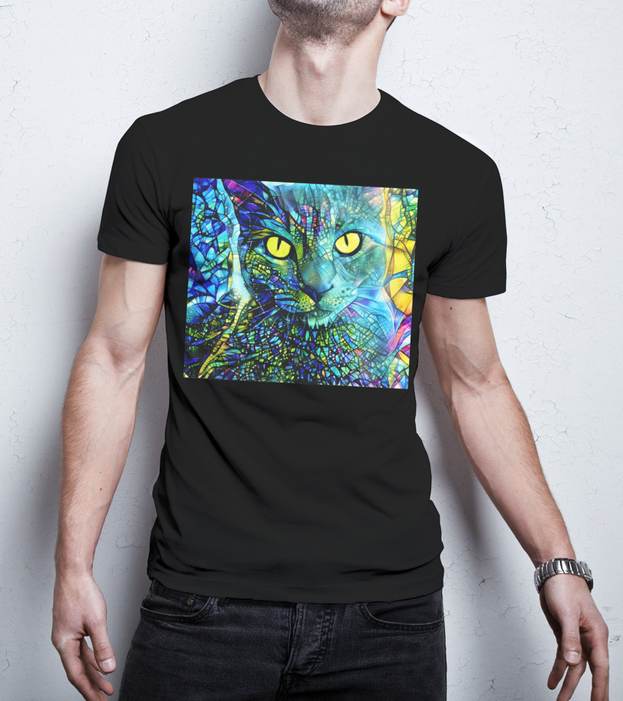 Cochfdhfdhfdh Stained Glass Mosaic Cat With Vibrant Yellow Eyes T-Shirt