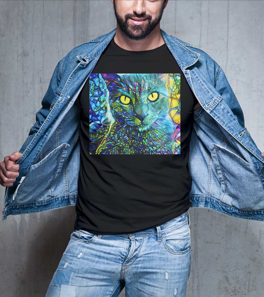 Cochfdhfdhfdh Stained Glass Mosaic Cat With Vibrant Yellow Eyes T-Shirt