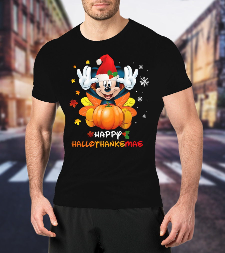 Happy HalloThanksMas Mickey Pumpkin Leaves Snowflakes Santa Hat T-Shirt