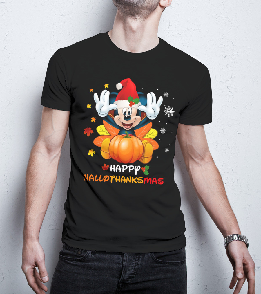 Happy HalloThanksMas Mickey Pumpkin Leaves Snowflakes Santa Hat T-Shirt