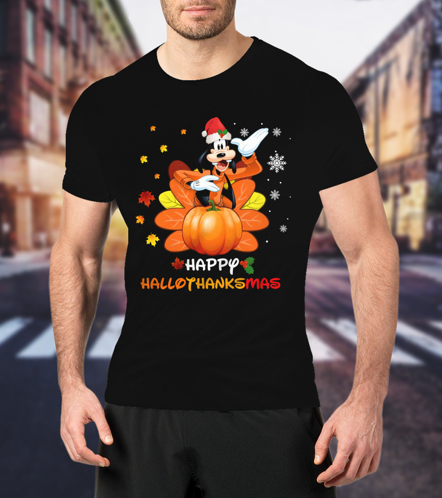 Happy Goofy HalloThanksMas Snowflakes Pumpkin Leaves Santa Hat T-Shirt
