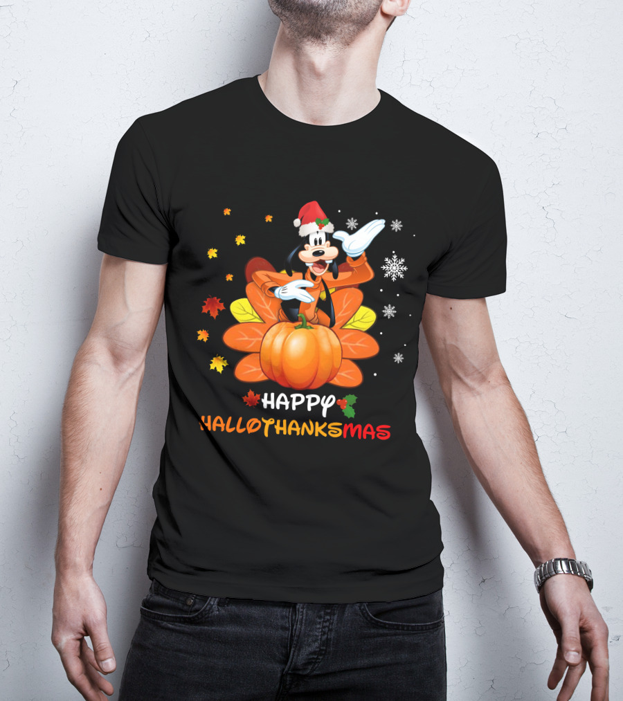 Happy Goofy HalloThanksMas Snowflakes Pumpkin Leaves Santa Hat T-Shirt