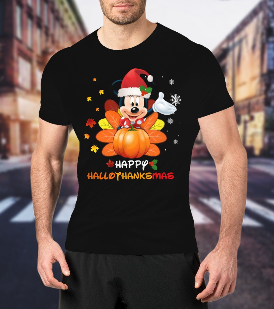 Happy Minnie HalloThanksMas Pumpkin Santa Hat Leaves Snowflakes T-Shirt