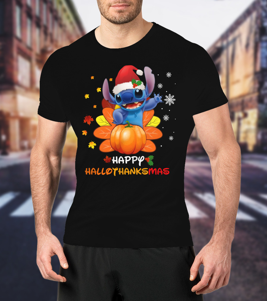 Happy HalloThanksMas Stitch Pumpkin Santa Hat Snowflakes Leaves T-Shirt