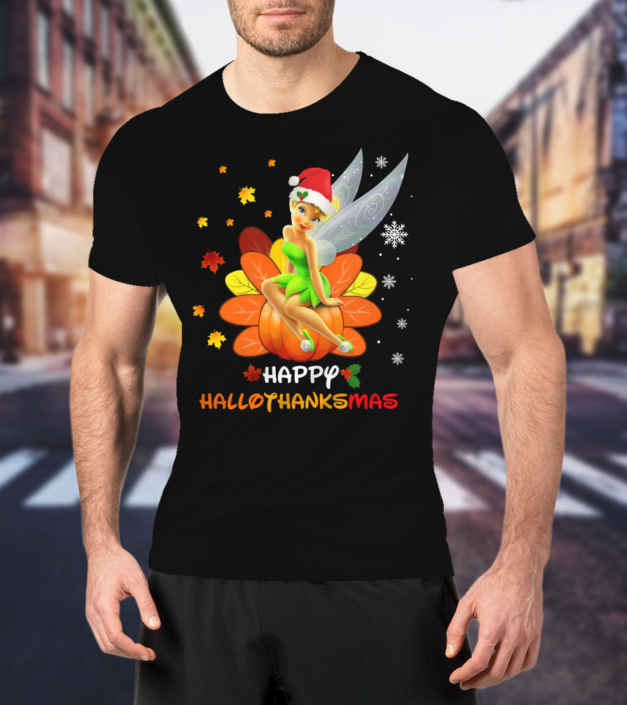 Tinkerbell Happy HalloThanksMas Pumpkin Santa Hat Snowflakes T-Shirt
