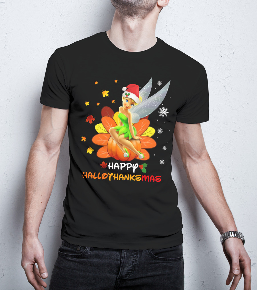 Tinkerbell Happy HalloThanksMas Pumpkin Santa Hat Snowflakes T-Shirt