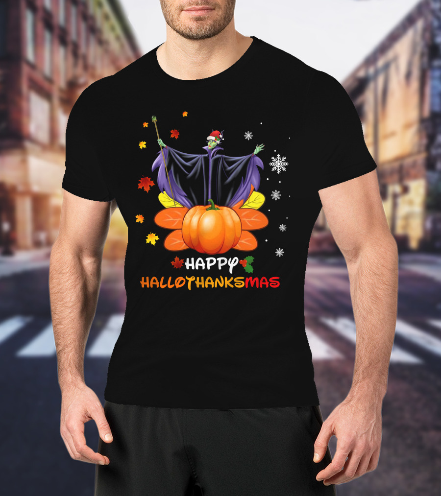 Happy Hallothanksmas Maleficent With Pumpkin And Santa Hat T-Shirt