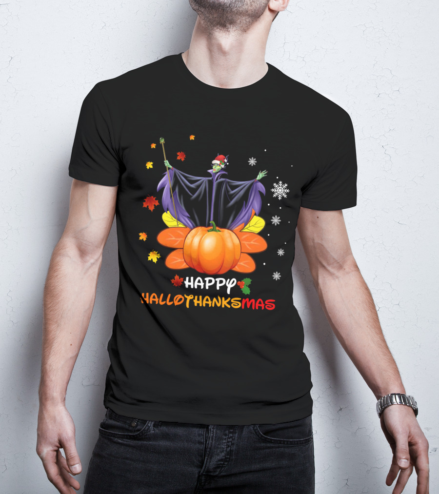 Happy Hallothanksmas Maleficent With Pumpkin And Santa Hat T-Shirt