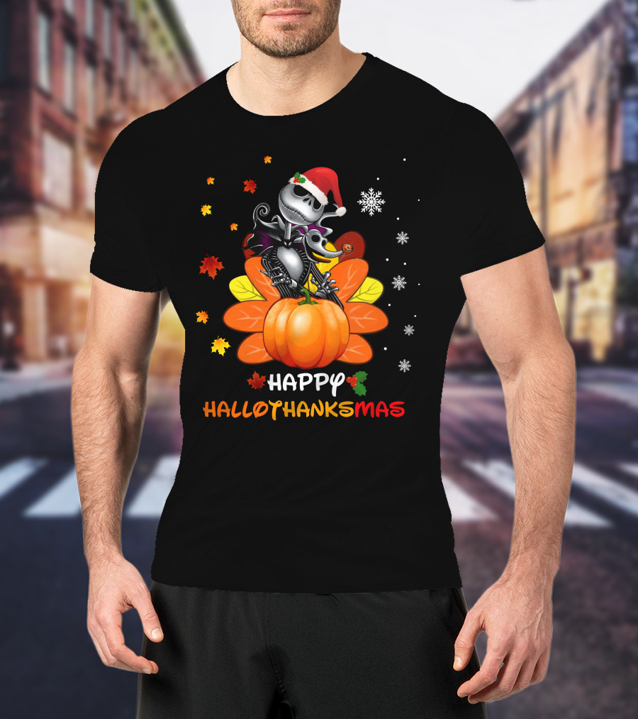 Happy HalloThanksMas Pumpkin Jack In Santa Hat With Snowflakes And Autumn Leaves T-Shirt