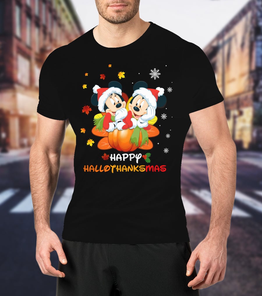 Mickey Happy HalloThanksMas Pumpkin Leaves Snowflakes T-Shirt