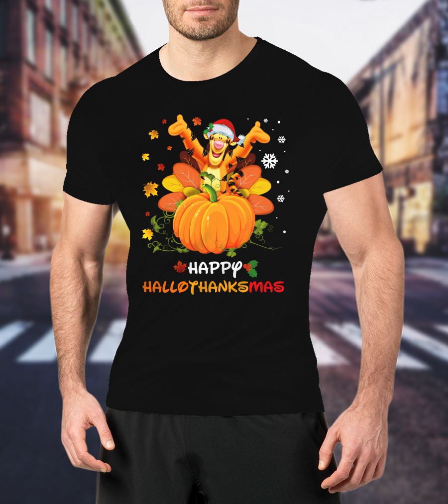 Happy Hallothanksmas Tigger Pumpkin Snowflakes Holiday T-Shirt