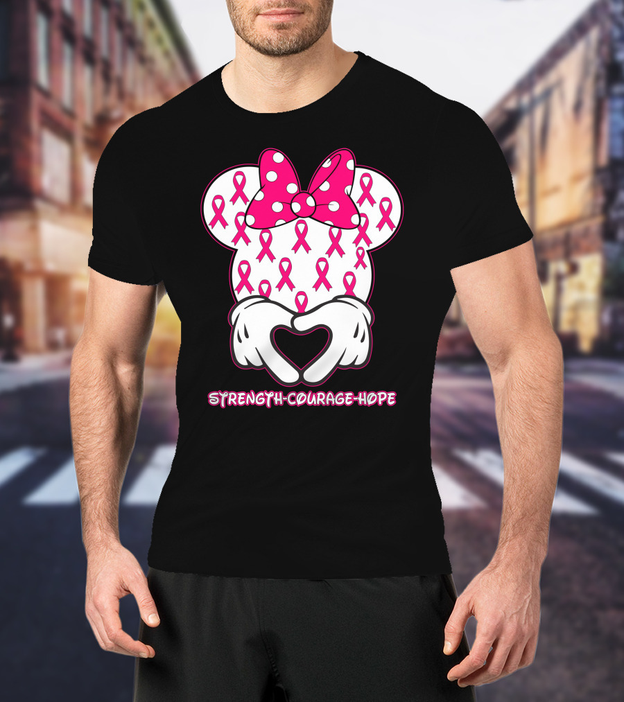 Strength Courage Hope Pink Ribbon Minnie Ears Hands Heart T-Shirt