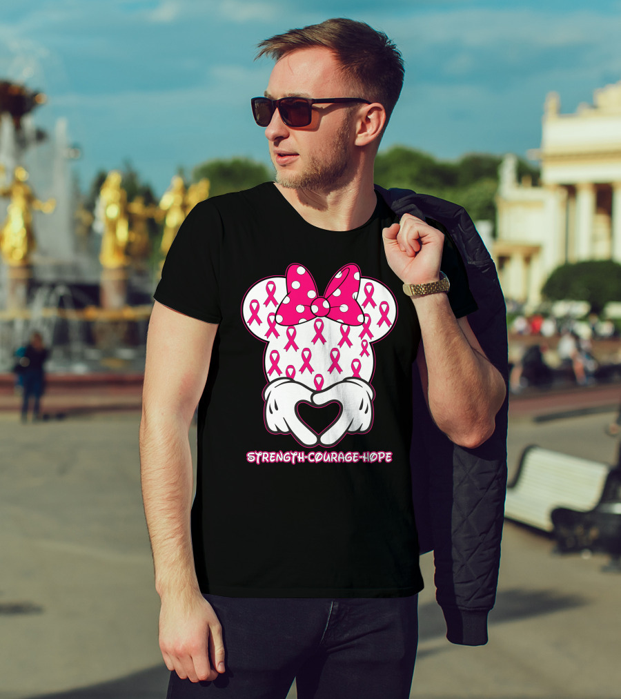 Strength Courage Hope Pink Ribbon Minnie Ears Hands Heart T-Shirt