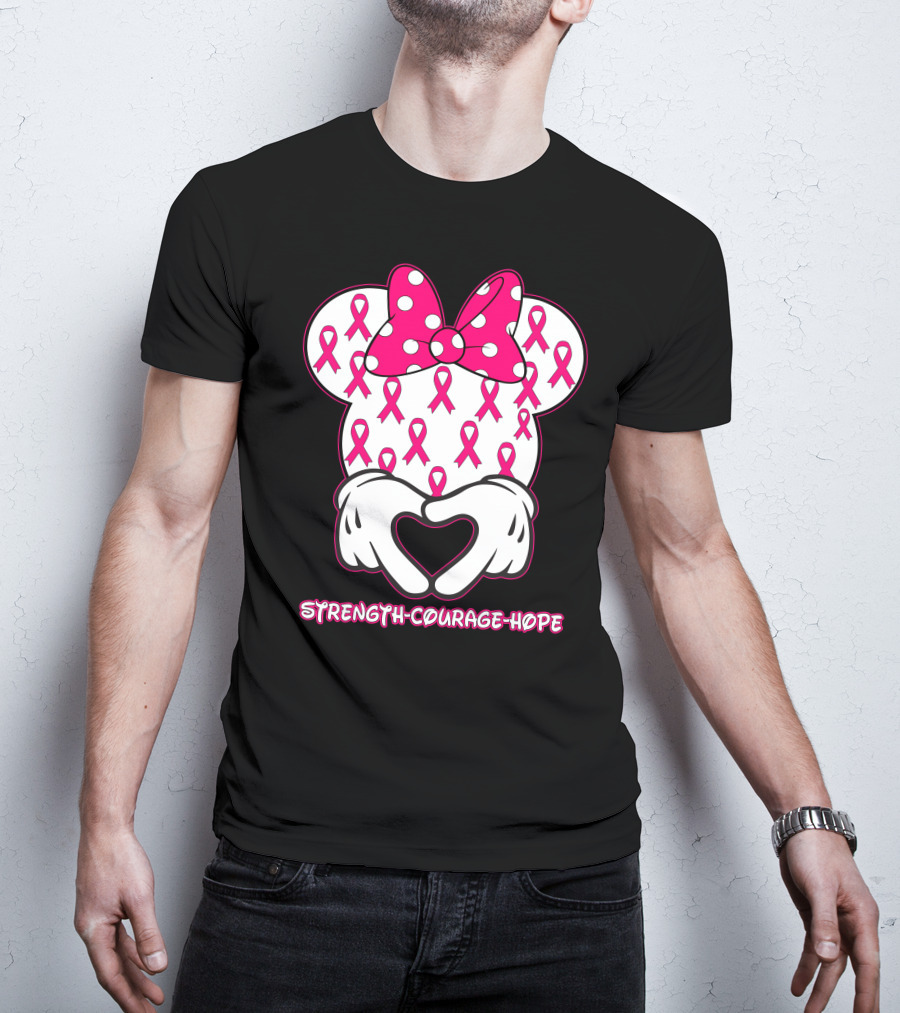 Strength Courage Hope Pink Ribbon Minnie Ears Hands Heart T-Shirt