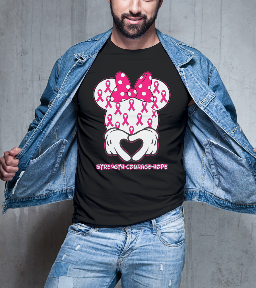 Strength Courage Hope Pink Ribbon Minnie Ears Hands Heart T-Shirt