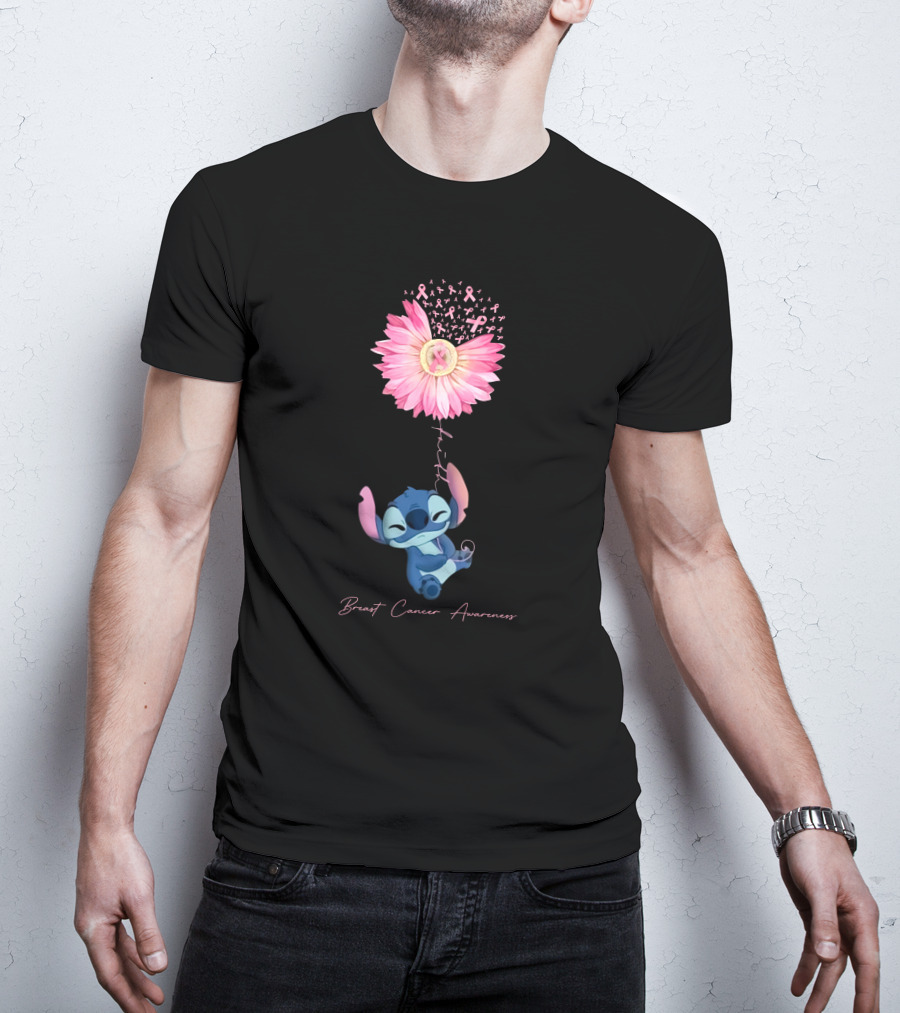 Breast Cancer Awareness Stitch Pink Ribbon Flower T-Shirt