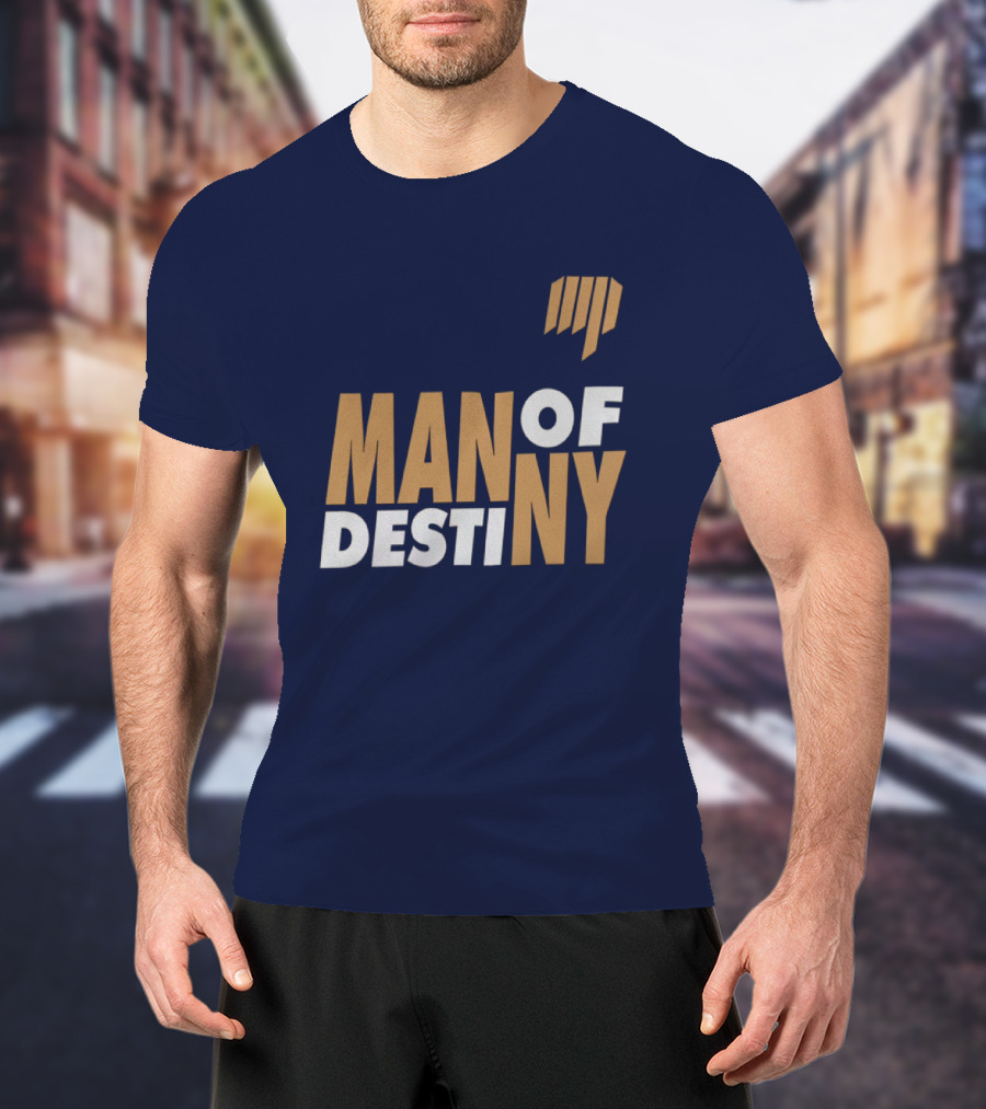 Man Of Destiny Blue And Gold Text With Vertical Stripe T-Shirt