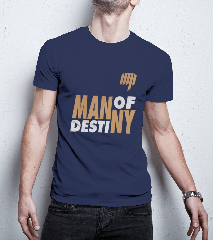 Man Of Destiny Blue And Gold Text With Vertical Stripe T-Shirt
