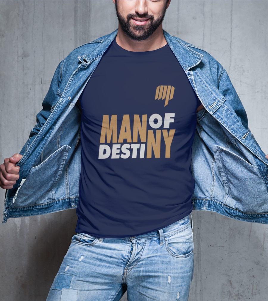 Man Of Destiny Blue And Gold Text With Vertical Stripe T-Shirt