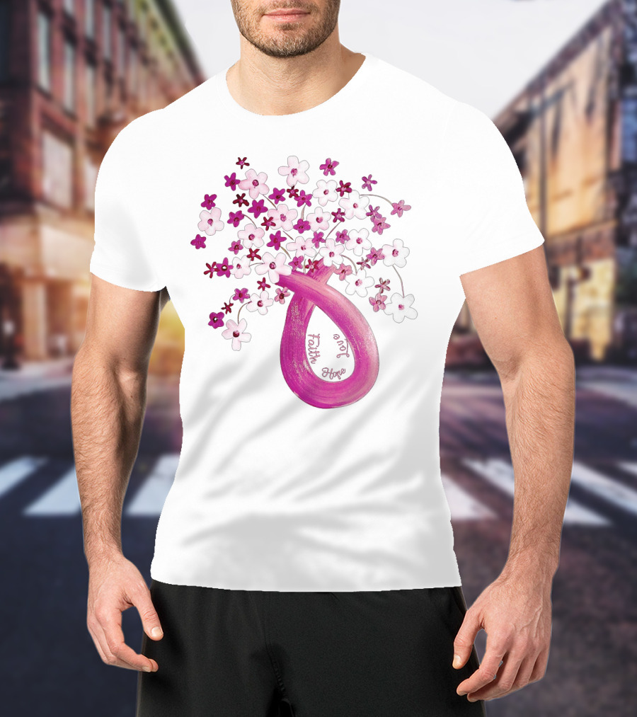 Faith Hope Love Pink Ribbon Flower Bouquet T-Shirt