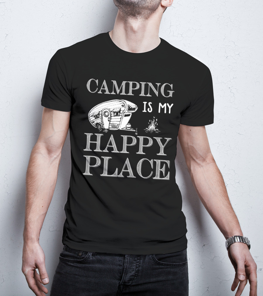 Camping Is My Happy Place With RV And Campfire Scene T-Shirt