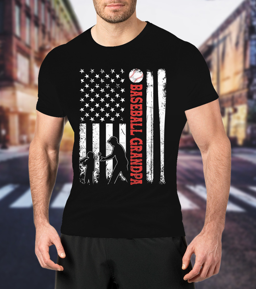 Distressed USA American Flag Baseball Grandpa Silhouette With Bats And Ball T-Shirt
