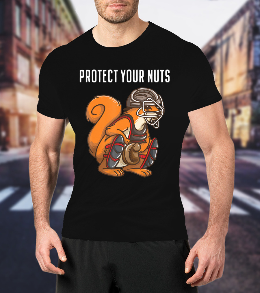 Protect Your Nuts Funny Squirrel Lover Baseball Catcher Animal T-Shirt