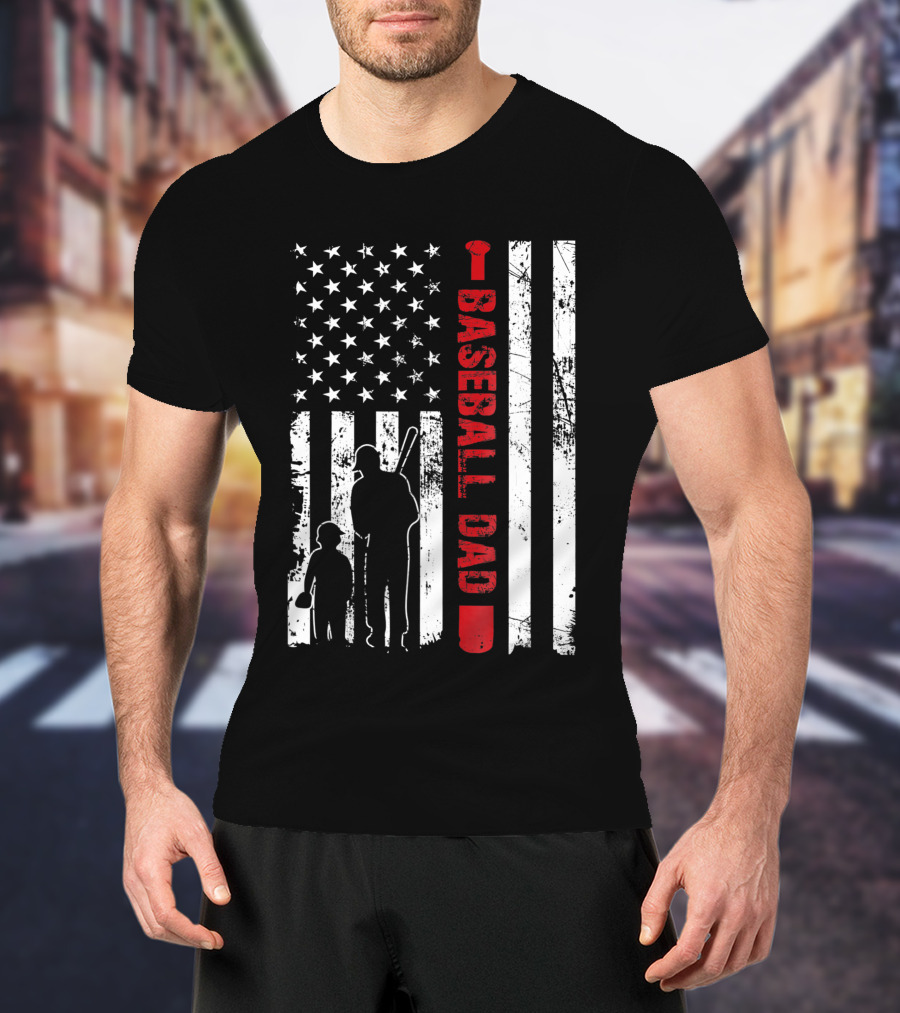 Proud Baseball Dad American Flag Sports T-Shirt