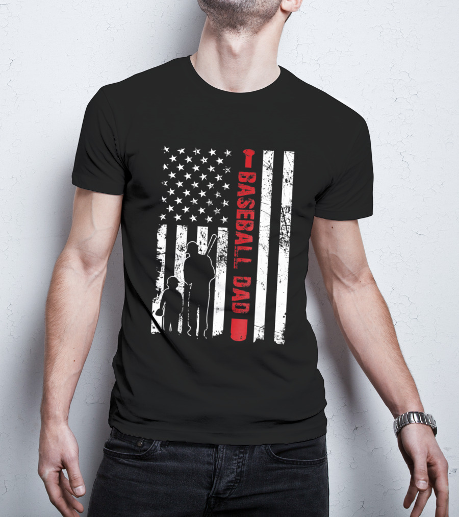 Proud Baseball Dad American Flag Sports T-Shirt