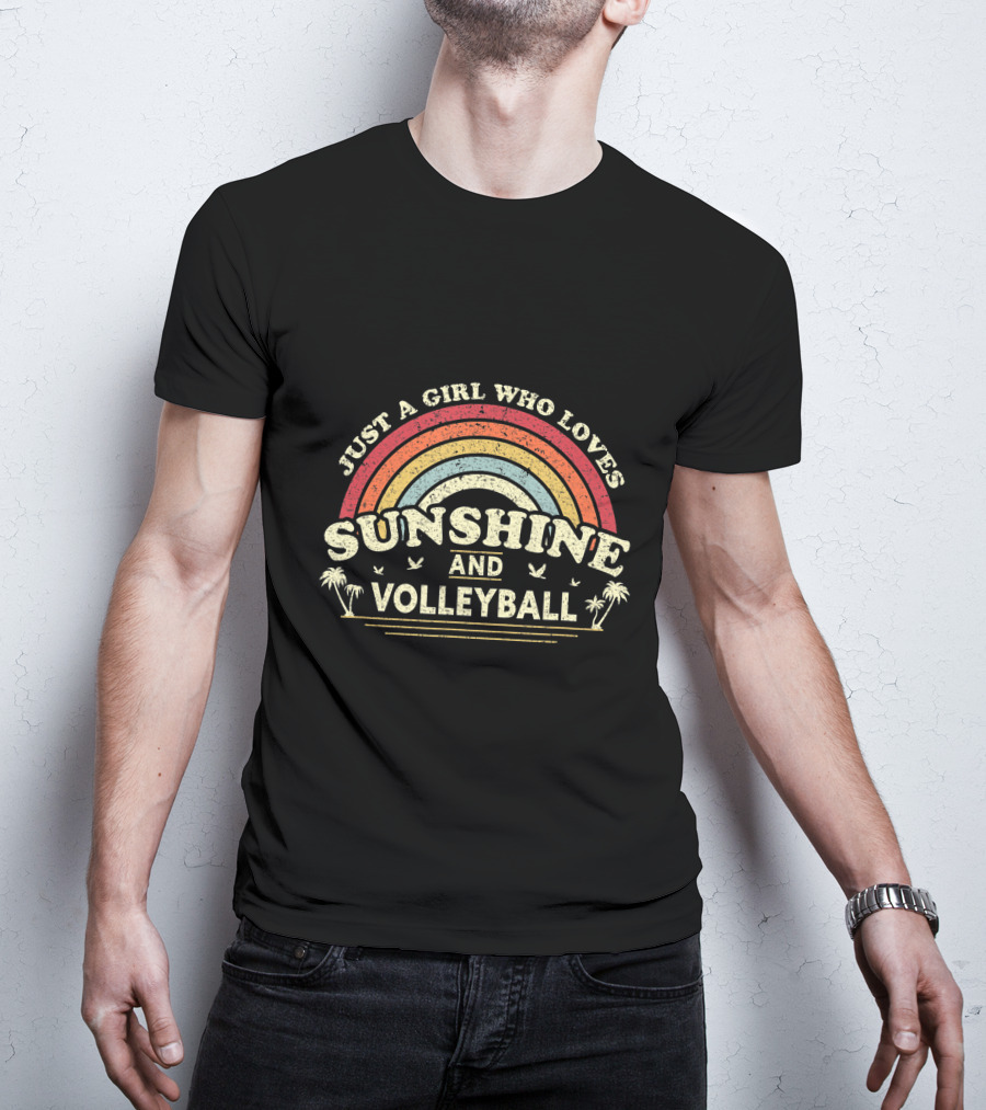 Just A Girl Who Loves Sunshine And Volleyball Rainbow Palm Trees Birds T-Shirt