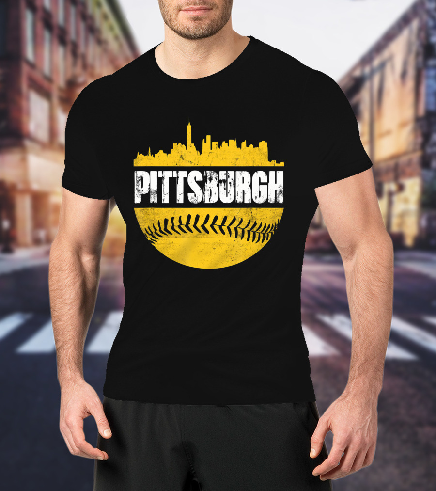 Pittsburgh Baseball Cityscape Distressed Look With Baseball Stitching T-Shirt