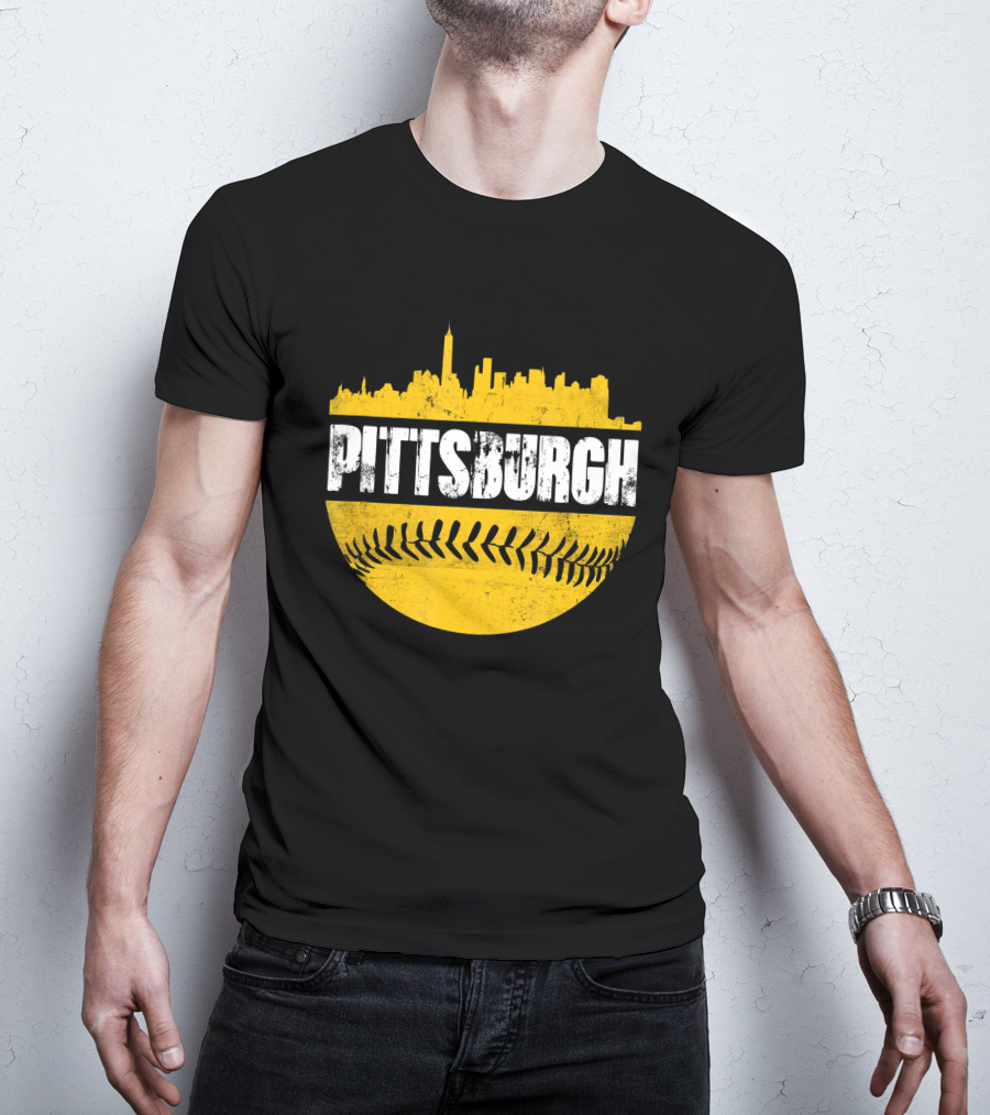 Pittsburgh Baseball Cityscape Distressed Look With Baseball Stitching T-Shirt