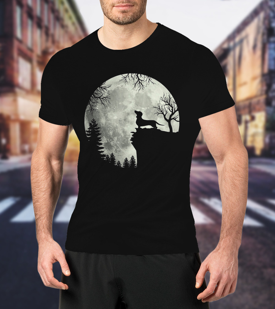 Dachshund Silhouette Howling At Full Moon In Forest Night Scene T-Shirt
